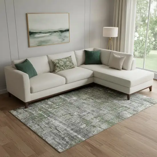 Olive Green Ivory And Gray Geometric Washable Area Rug With UV Protection Photo 2