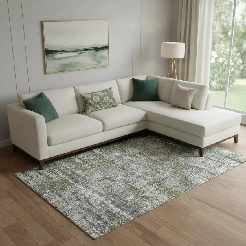 Olive Green Ivory And Gray Geometric Washable Area Rug With UV Protection Photo 2