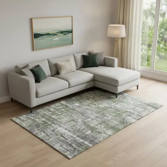 Olive Green Ivory And Gray Geometric Washable Area Rug With UV Protection Photo 2