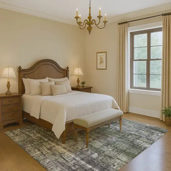 Olive Green Ivory And Gray Geometric Washable Area Rug With UV Protection Photo 6