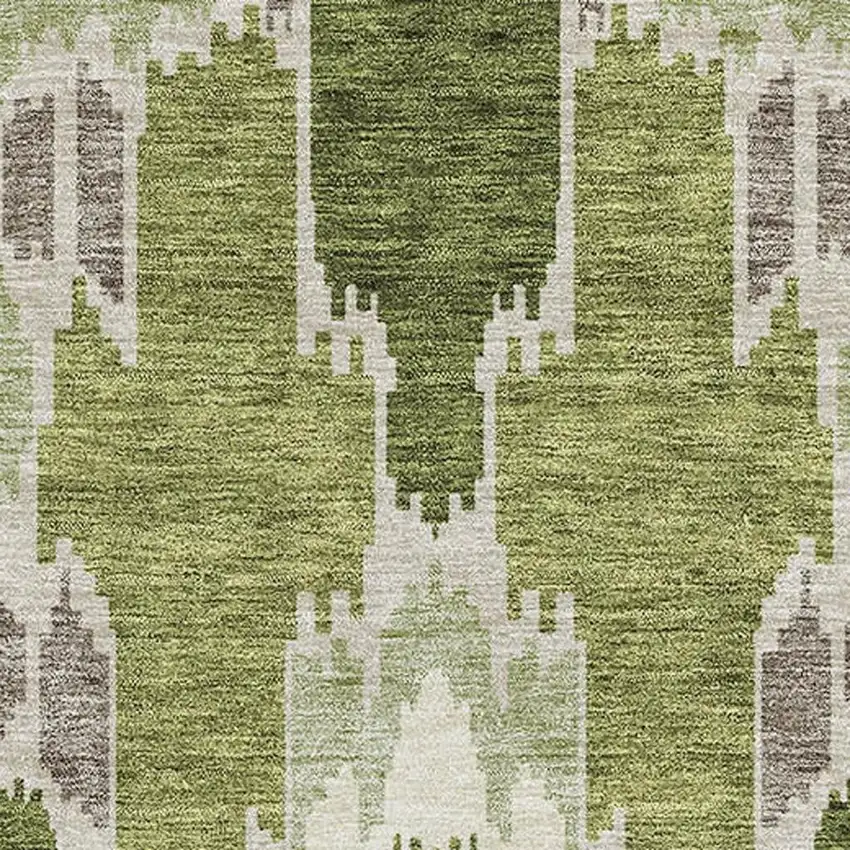 Olive Green Ivory And Gray Ikat Washable Area Rug With UV Protection Photo 3