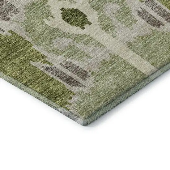 Olive Green Ivory And Gray Ikat Washable Area Rug With UV Protection Photo 8