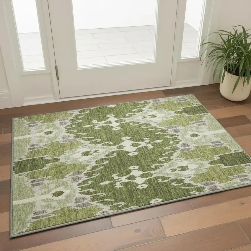 Olive Green Ivory And Gray Ikat Washable Area Rug With UV Protection Photo 2