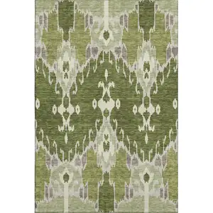 Photo of Olive Green Ivory And Gray Ikat Washable Area Rug With UV Protection