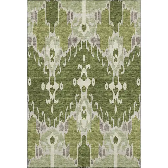 Olive Green Ivory And Gray Ikat Washable Area Rug With UV Protection Photo 1