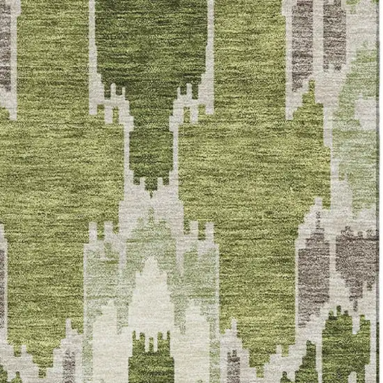 Olive Green Ivory And Gray Ikat Washable Area Rug With UV Protection Photo 3