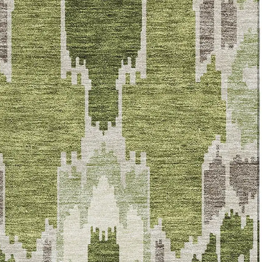 Olive Green Ivory And Gray Ikat Washable Area Rug With UV Protection Photo 3