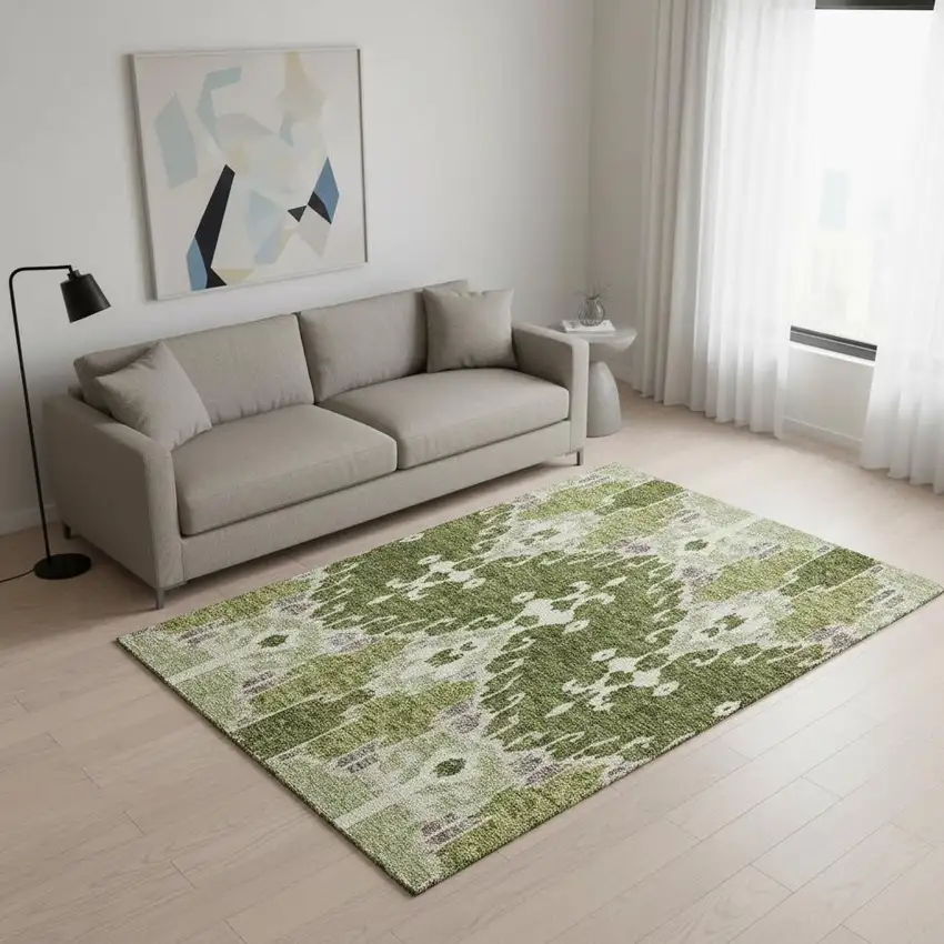 Olive Green Ivory And Gray Ikat Washable Area Rug With UV Protection Photo 2