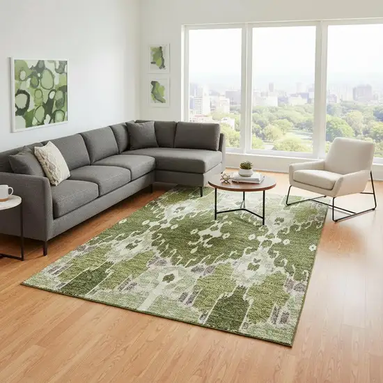 Olive Green Ivory And Gray Ikat Washable Area Rug With UV Protection Photo 2