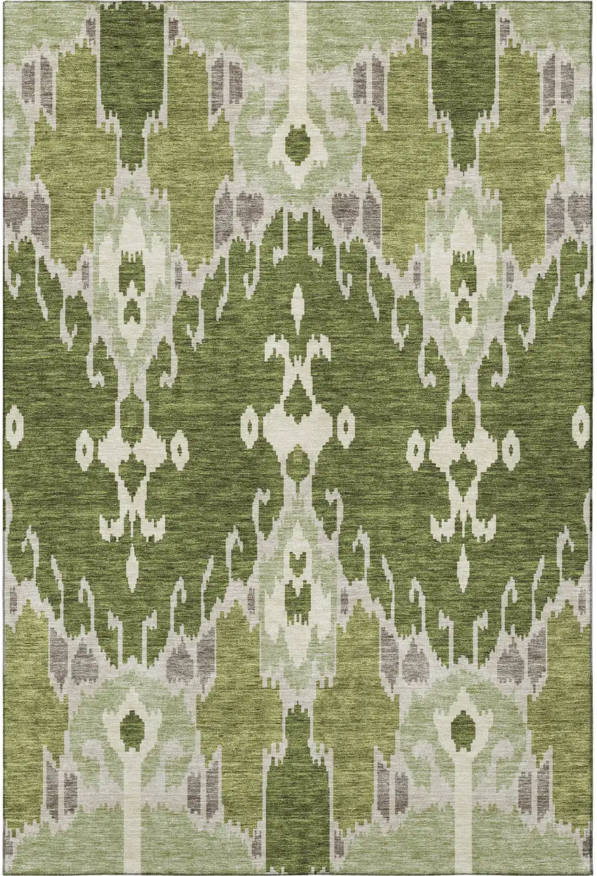 Olive Green Ivory And Gray Ikat Washable Area Rug With UV Protection Photo 4