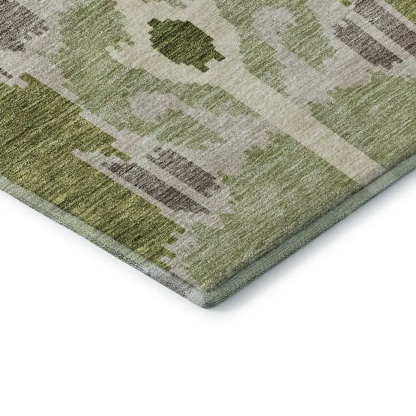 Olive Green Ivory And Gray Ikat Washable Area Rug With UV Protection Photo 8