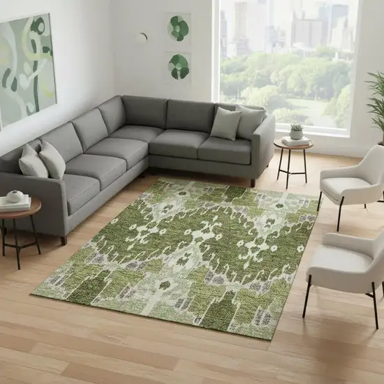 Olive Green Ivory And Gray Ikat Washable Area Rug With UV Protection Photo 2