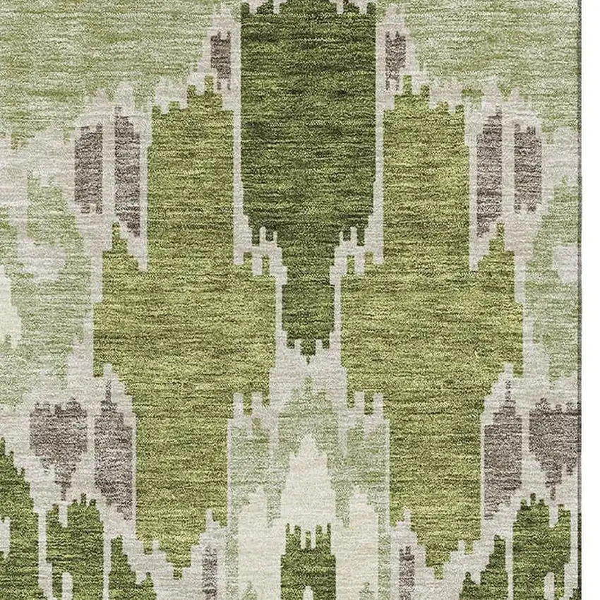 Olive Green Ivory And Gray Ikat Washable Area Rug With UV Protection Photo 3