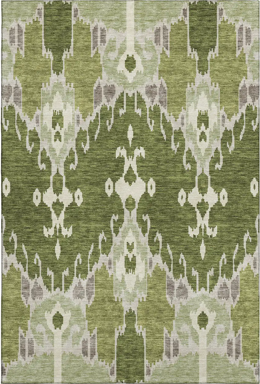 Olive Green Ivory And Gray Ikat Washable Area Rug With UV Protection Photo 1