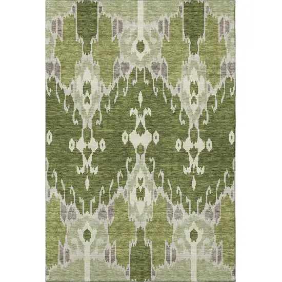 Olive Green Ivory And Gray Ikat Washable Area Rug With UV Protection Photo 4