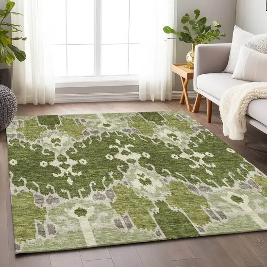 Olive Green Ivory And Gray Ikat Washable Area Rug With UV Protection Photo 5