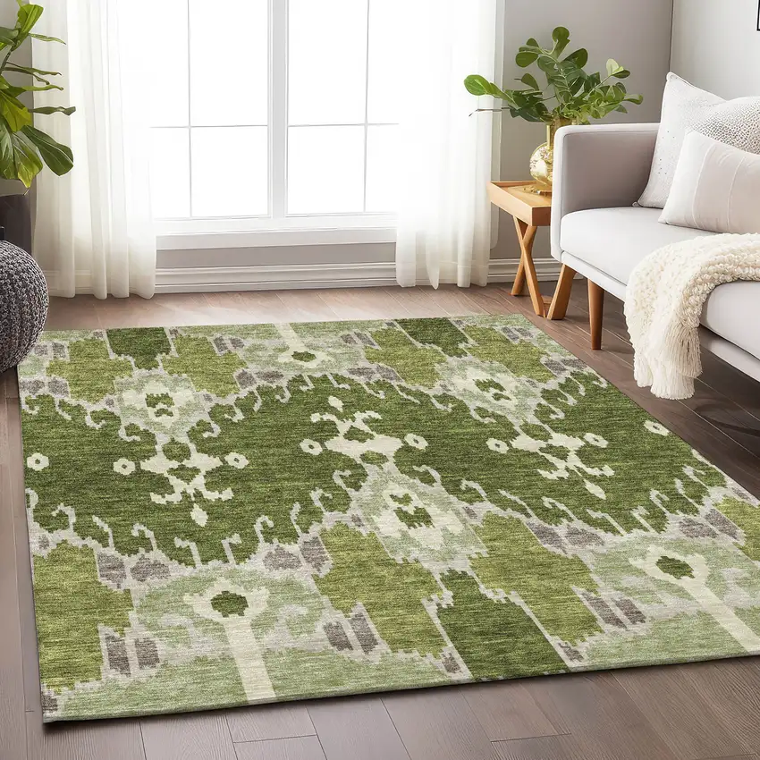 Olive Green Ivory And Gray Ikat Washable Area Rug With UV Protection Photo 5