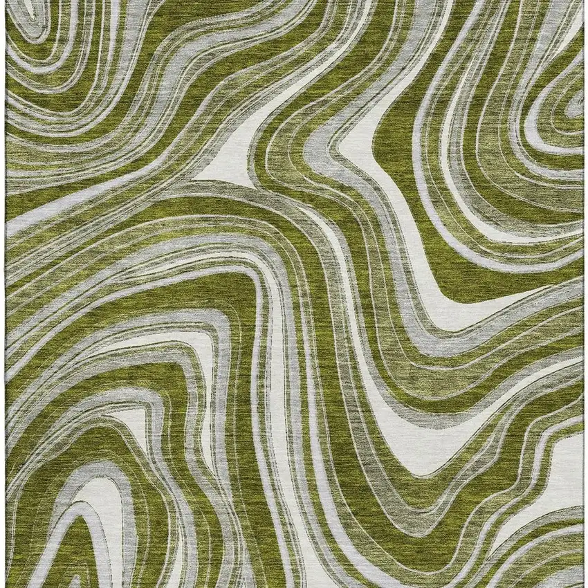 Olive Green Ivory And Gray Marble Washable Area Rug With UV Protection Photo 4