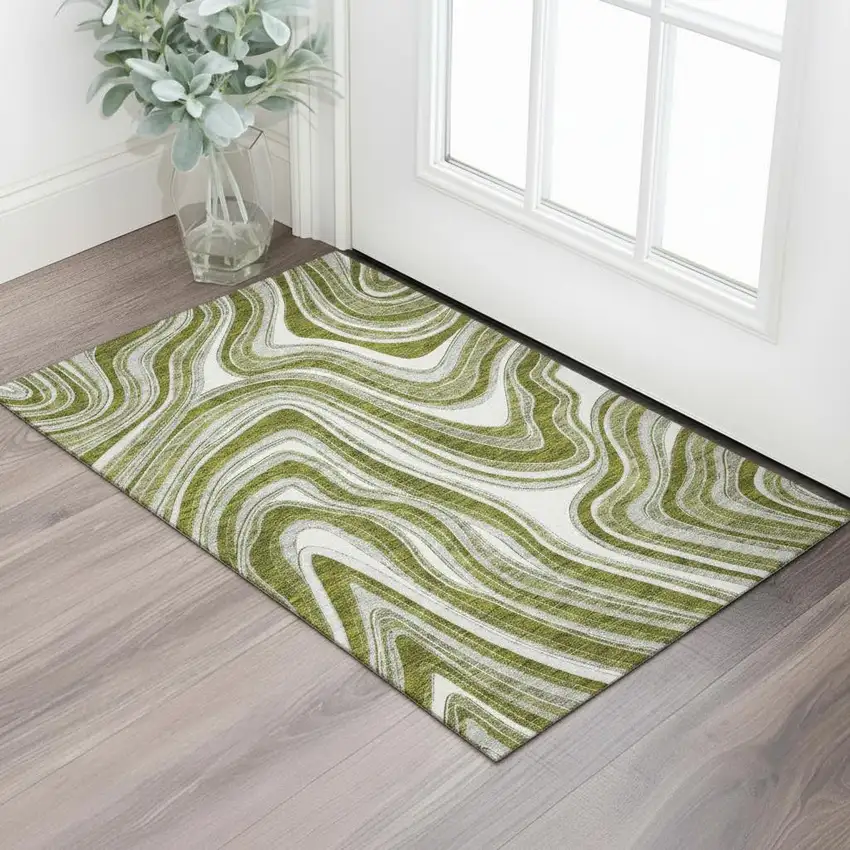 Olive Green Ivory And Gray Marble Washable Area Rug With UV Protection Photo 1
