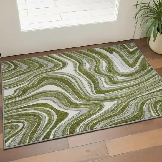 Olive Green Ivory And Gray Marble Washable Area Rug With UV Protection Photo 2