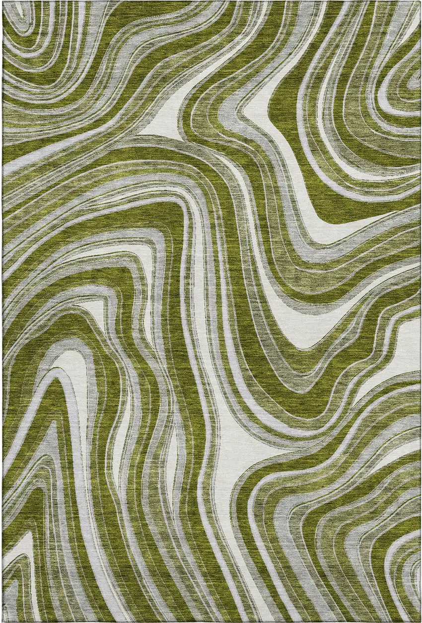Olive Green Ivory And Gray Marble Washable Area Rug With UV Protection Photo 1