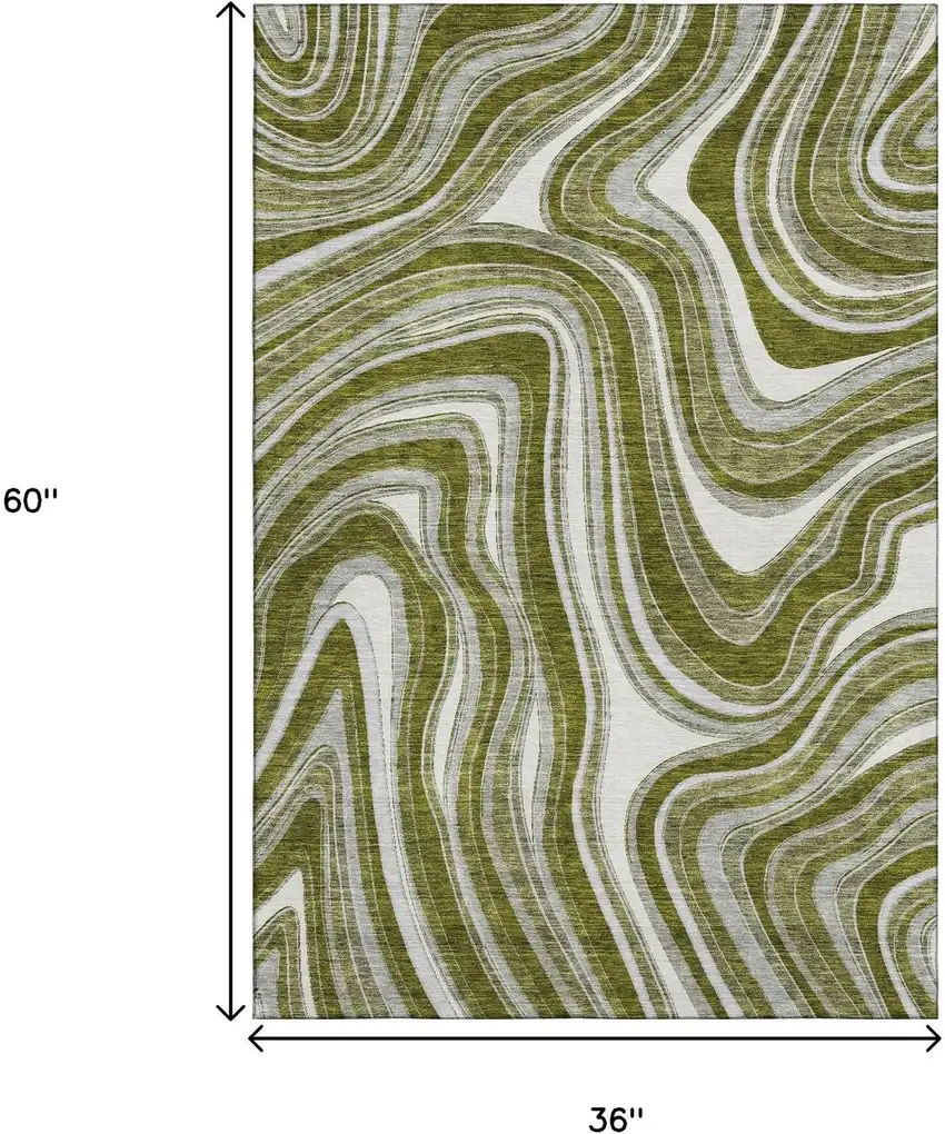 Olive Green Ivory And Gray Marble Washable Area Rug With UV Protection Photo 3