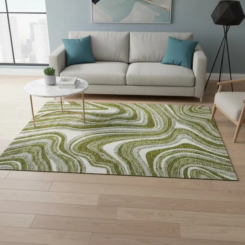 Olive Green Ivory And Gray Marble Washable Area Rug With UV Protection Photo 2