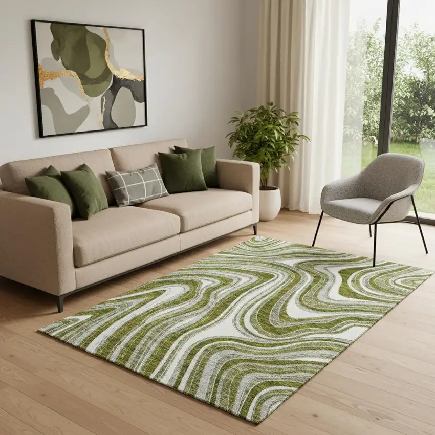 Olive Green Ivory And Gray Marble Washable Area Rug With UV Protection Photo 1