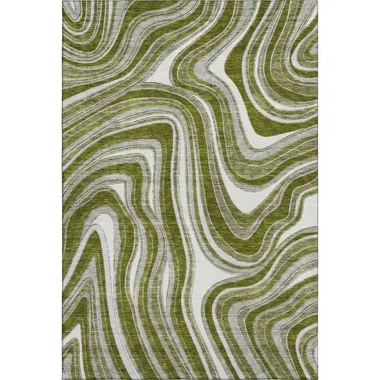 Olive Green Ivory And Gray Marble Washable Area Rug With UV Protection Photo 1