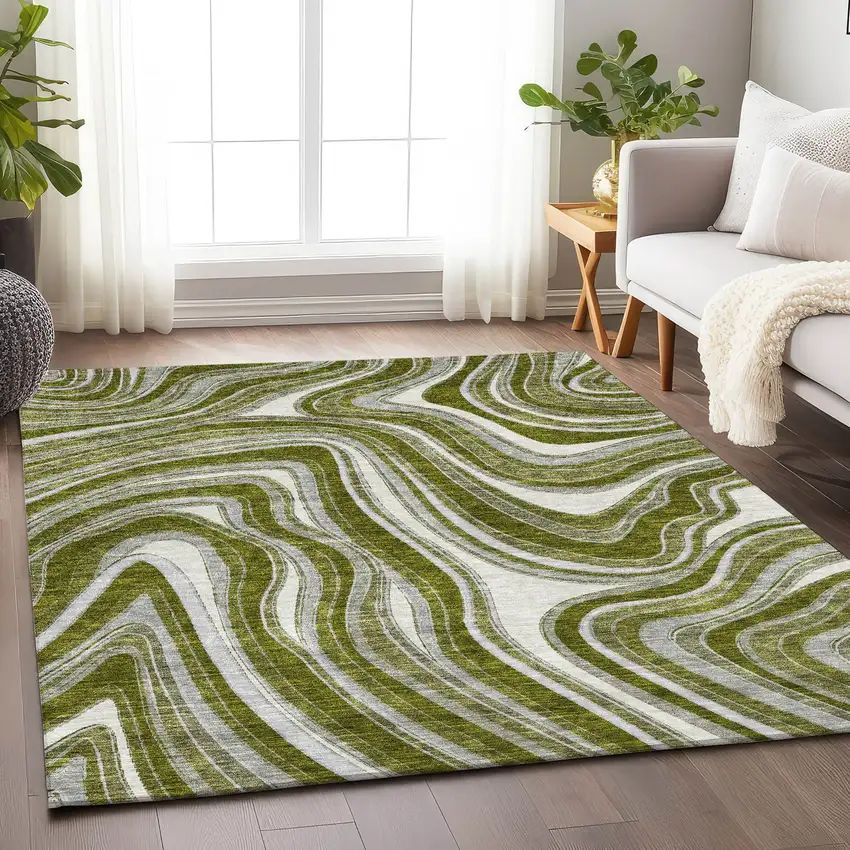 Olive Green Ivory And Gray Marble Washable Area Rug With UV Protection Photo 5