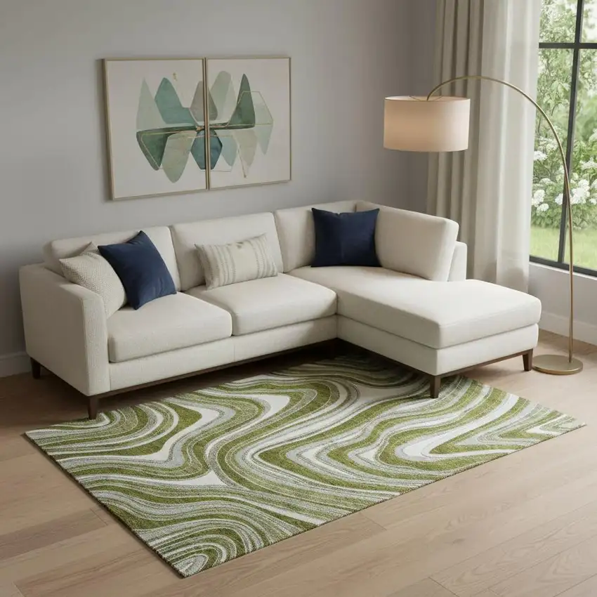 Olive Green Ivory And Gray Marble Washable Area Rug With UV Protection Photo 1