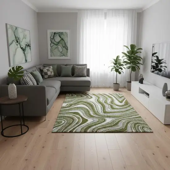 Olive Green Ivory And Gray Marble Washable Area Rug With UV Protection Photo 2