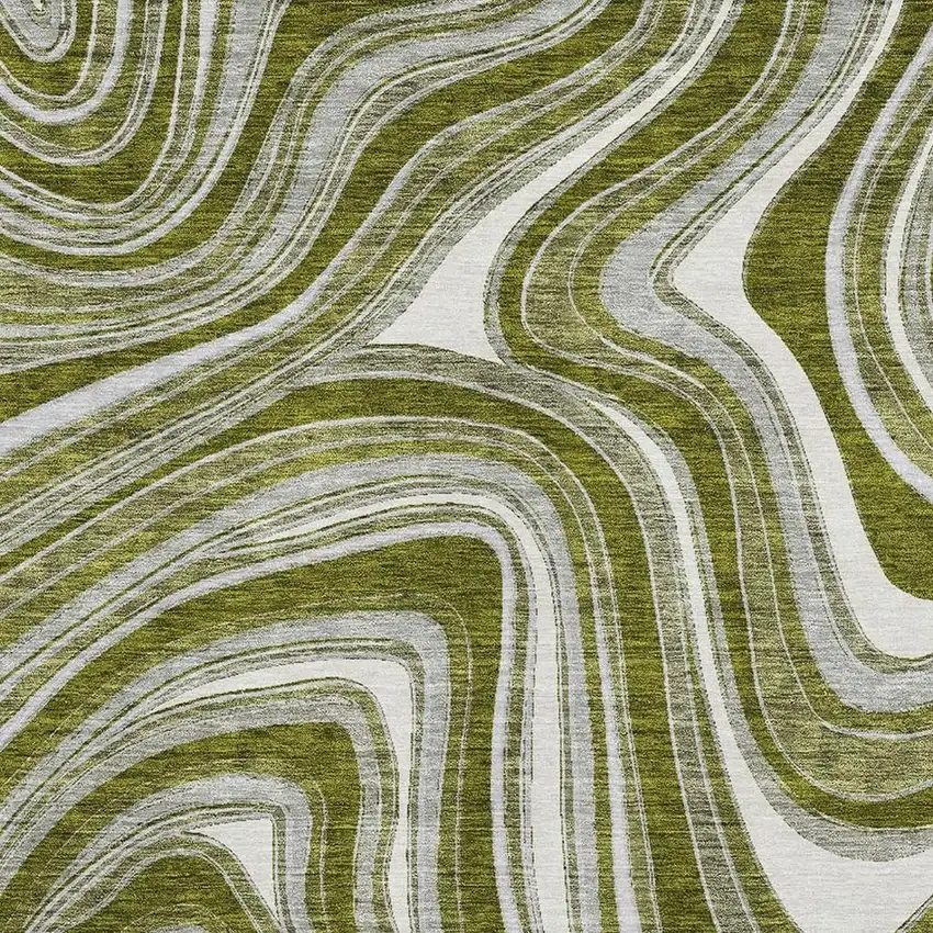 Olive Green Ivory And Gray Marble Washable Area Rug With UV Protection Photo 3