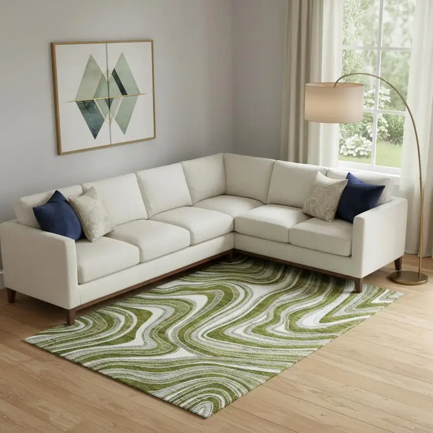 Olive Green Ivory And Gray Marble Washable Area Rug With UV Protection Photo 1