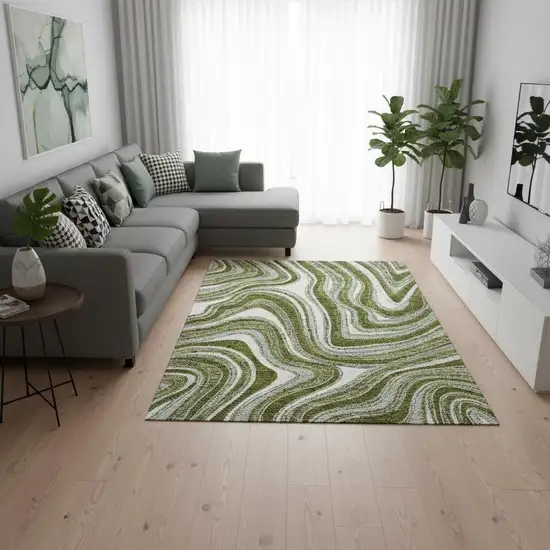 Olive Green Ivory And Gray Marble Washable Area Rug With UV Protection Photo 2