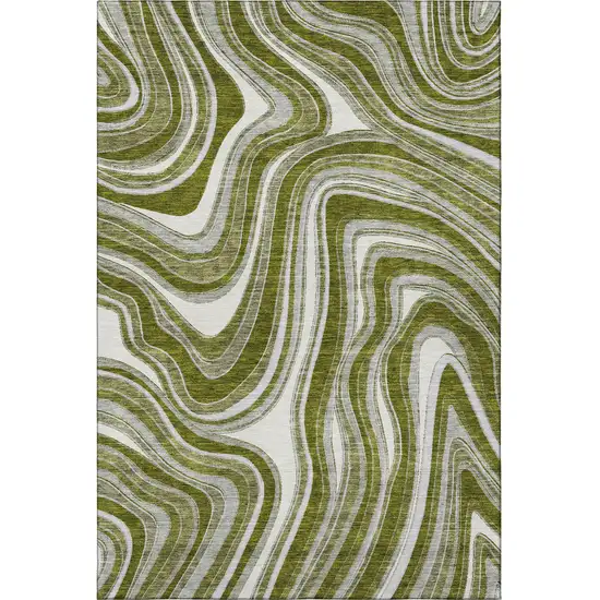 Olive Green Ivory And Gray Marble Washable Area Rug With UV Protection Photo 3