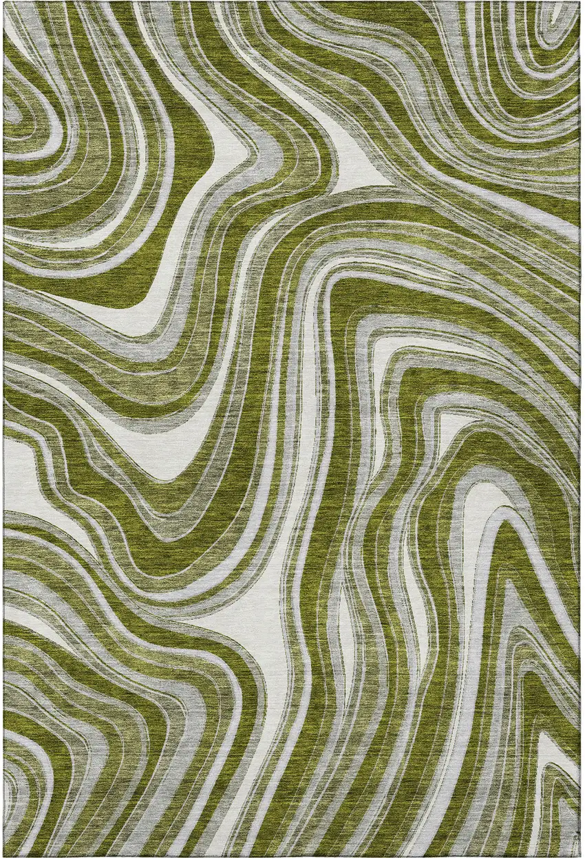 Olive Green Ivory And Gray Marble Washable Area Rug With UV Protection Photo 3