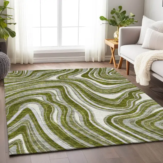 Olive Green Ivory And Gray Marble Washable Area Rug With UV Protection Photo 4