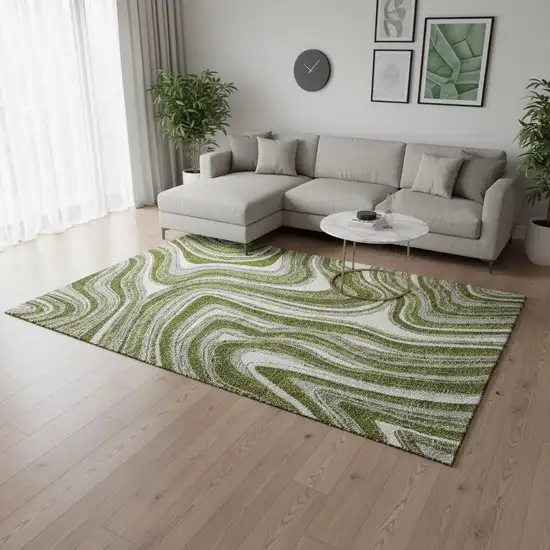 Olive Green Ivory And Gray Marble Washable Area Rug With UV Protection Photo 2