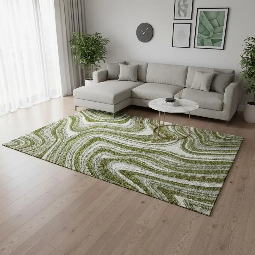 Olive Green Ivory And Gray Marble Washable Area Rug With UV Protection Photo 2