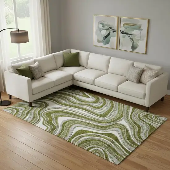 Olive Green Ivory And Gray Marble Washable Area Rug With UV Protection Photo 1