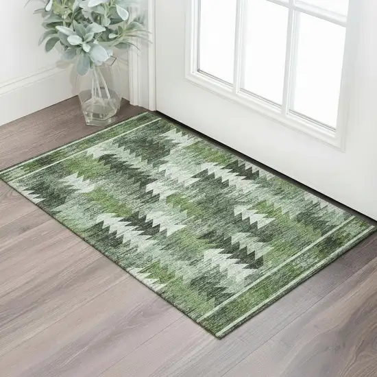 Olive Green Ivory And Gray Southwestern Washable Area Rug With UV Protection Photo 1