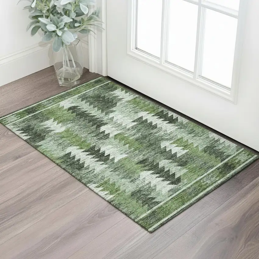 Olive Green Ivory And Gray Southwestern Washable Area Rug With UV Protection Photo 1