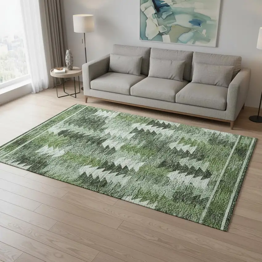 Olive Green Ivory And Gray Southwestern Washable Area Rug With UV Protection Photo 2