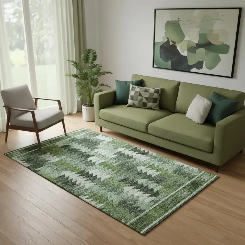 Olive Green Ivory And Gray Southwestern Washable Area Rug With UV Protection Photo 1