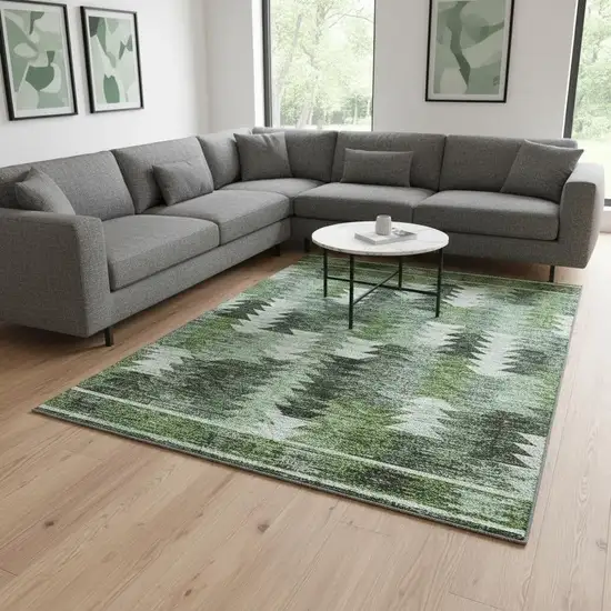 Olive Green Ivory And Gray Southwestern Washable Area Rug With UV Protection Photo 2