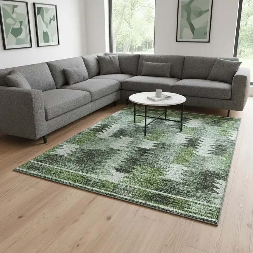 Olive Green Ivory And Gray Southwestern Washable Area Rug With UV Protection Photo 2