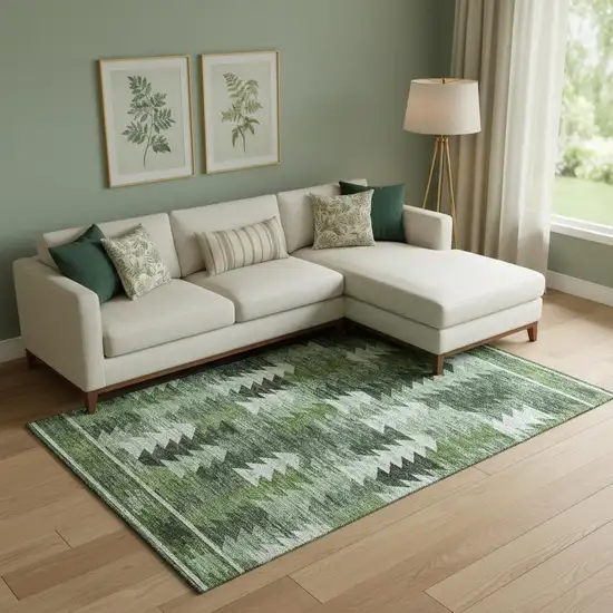 Olive Green Ivory And Gray Southwestern Washable Area Rug With UV Protection Photo 1