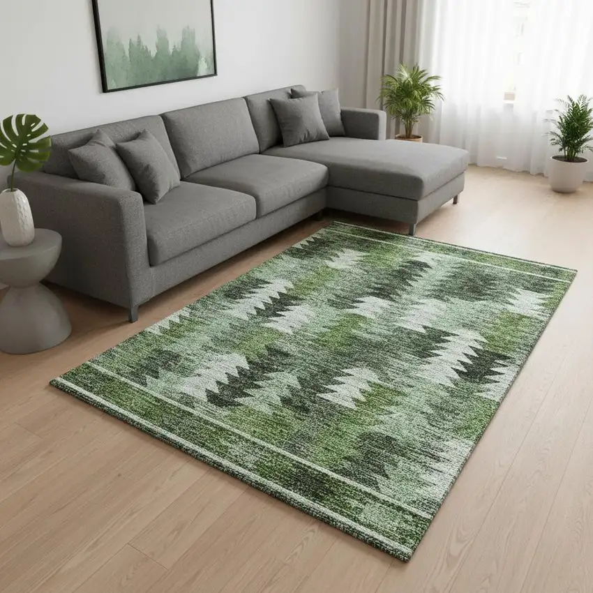 Olive Green Ivory And Gray Southwestern Washable Area Rug With UV Protection Photo 2