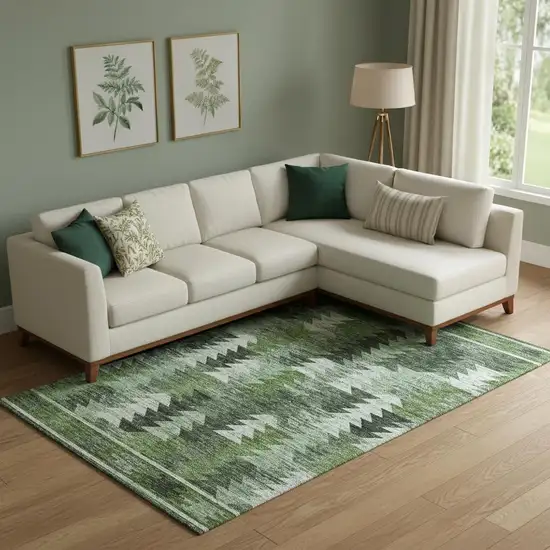 Olive Green Ivory And Gray Southwestern Washable Area Rug With UV Protection Photo 1